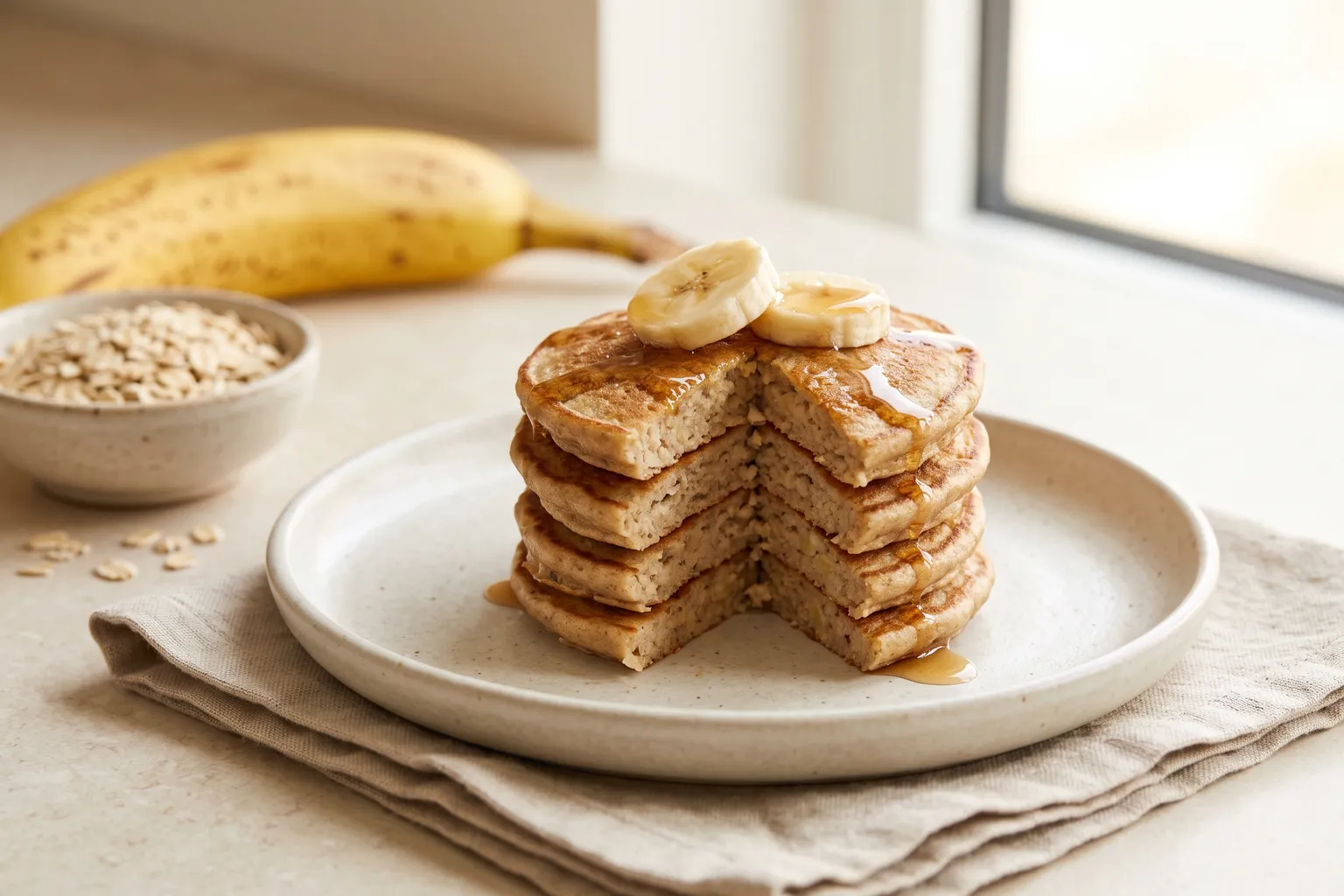 Stak bananpandekager med bananskiver og sirup
