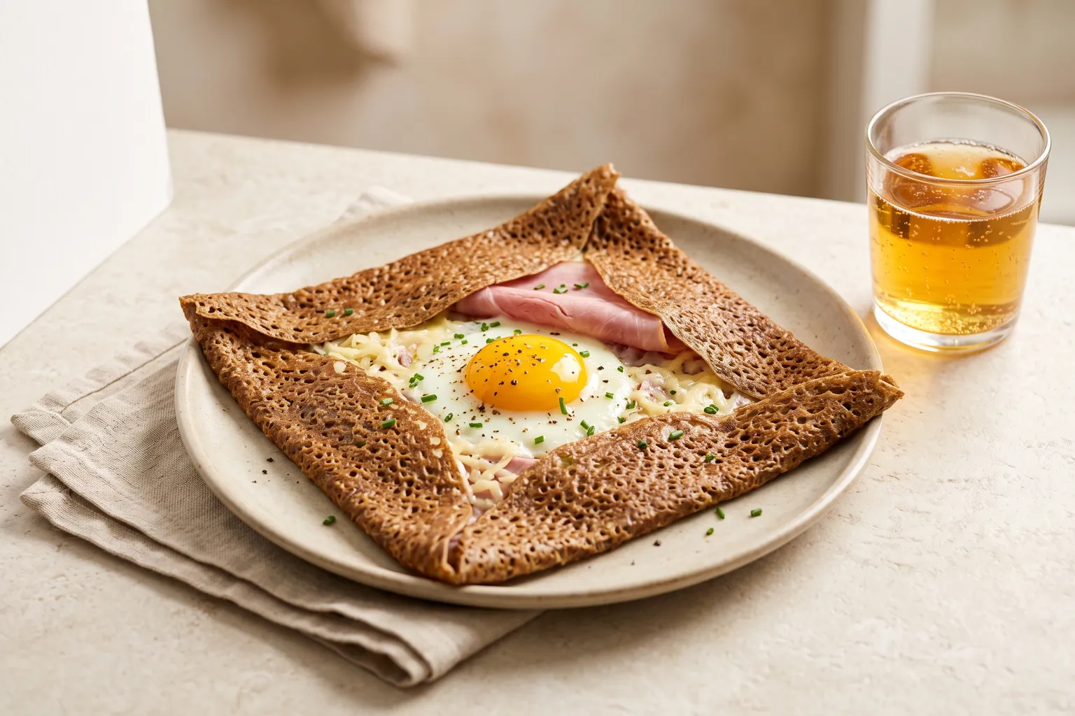 Bretonsk boghvedegalette foldet til en firkant om skinke, smeltet ost og et spejlæg med blød blomme, et glas cider ved siden af