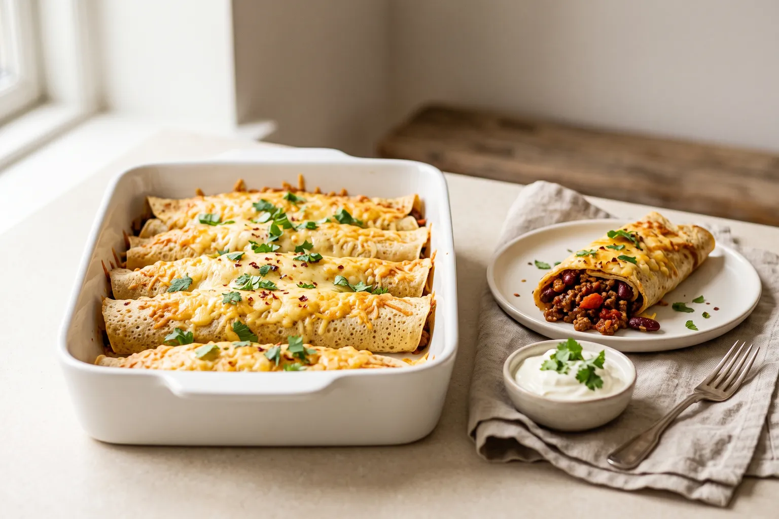 Ovnfast fad med rullede pandekager fyldt med kødsovs og bønner under gratineret ost, én pandekage på en tallerken med creme fraiche